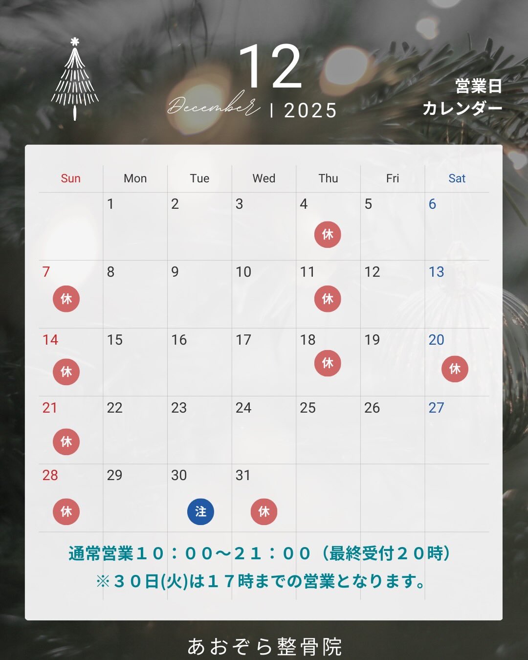 今月の日程表になります。今月は年末も含め不規則なのでご注意下さい！