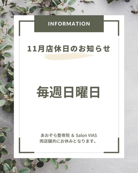 【１１月定休日のお知らせ📢】１１月の定休日は、記載の通りとなります🙏記載の日程以外は通常営業となります！