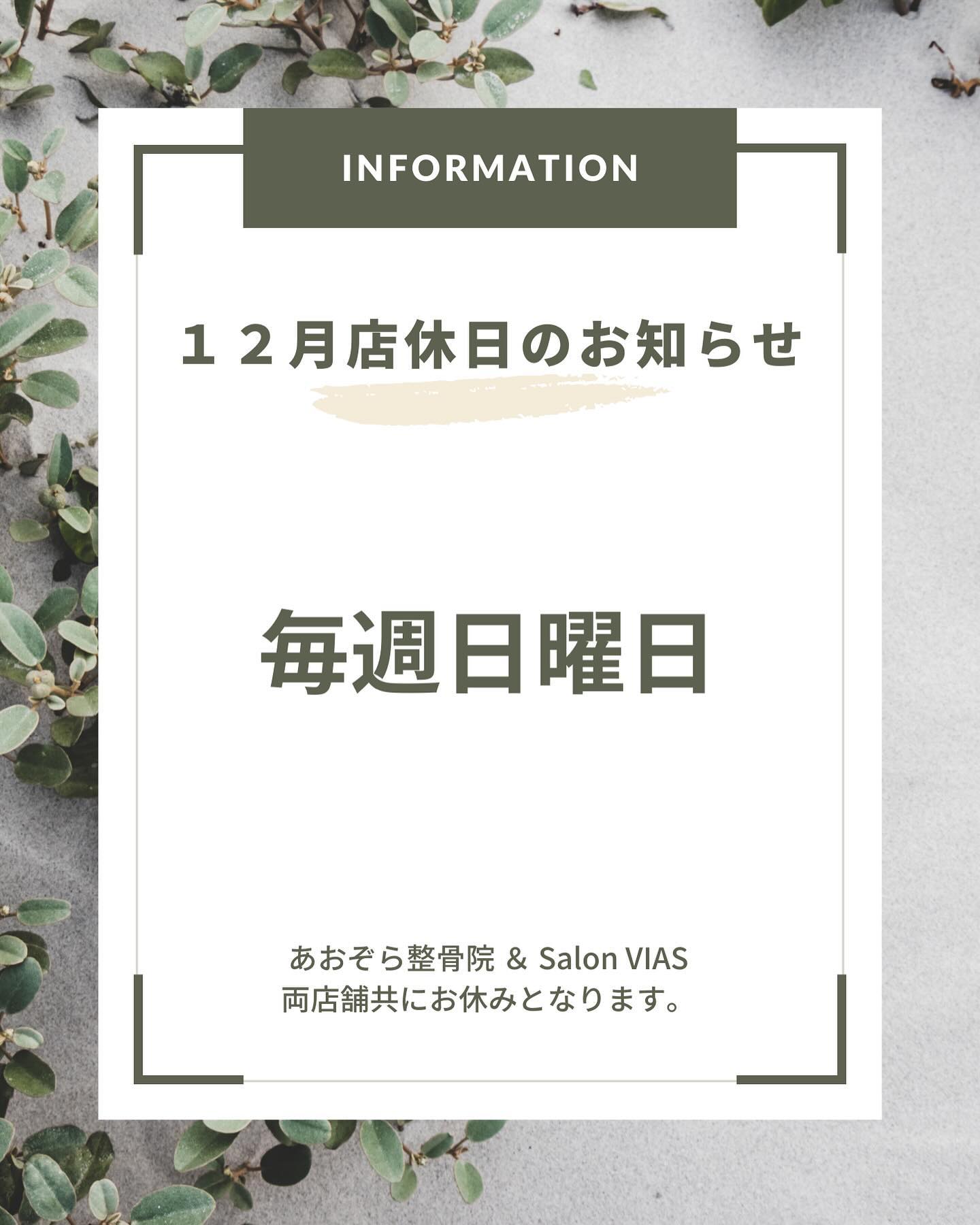 【１２月定休日のお知らせ】１２月は、毎週日曜日が定休日となりますそれ以外の日は通常営業となります！年末年始の営業時間は改めて報告致します#沖縄市脱毛#沖縄市メンズ脱毛#メンズ脱毛沖縄#沖縄脱毛#痛くない脱毛#vio脱毛#沖縄ヒゲ脱毛#沖縄顔脱毛#光脱毛#沖縄脱毛サロン#沖縄メンズ脱毛#沖縄市与儀#痛みの少なく脱毛#全身脱毛沖縄#沖縄全身脱毛#沖縄全身脱毛メンズ#脱毛サロン#脱毛認定士#脱毛認定士のいるサロン#SalonVIAS#salonvias#VIAS#ヴィアス#サロンヴィアス#学割#高校生#大学生#専門学生#U24割#沖縄